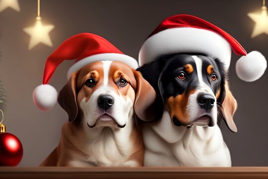Two dog friends wearing a santa hat with Christmas decor backdrop digital illustration, Holiday season winter theme wall art print wallpaper background.