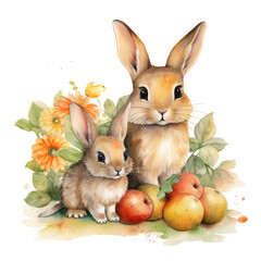 Fototapeta na wymiar Cute mom and baby rabbit, fruits with flower Illustration, Generative Ai
