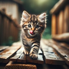 A cute tabby kitten is licking its nose and walking on a wooden surface.