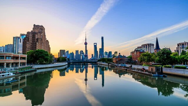 Shanghai skyline and modern buildings scenery at sunrise, China. Famous city landmarks in China. Fixed camera shooting.