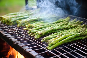 thick asparagus stalks on thin grill wires, smoking - obrazy, fototapety, plakaty