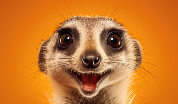 Studio Portrait of Funny and Excited meerkat on Orange Background with Shocked or Surprised Expression and Open Mouth.