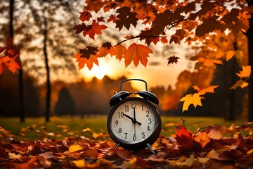 Naklejka na ściany i meble alarm clock on autumn leaves