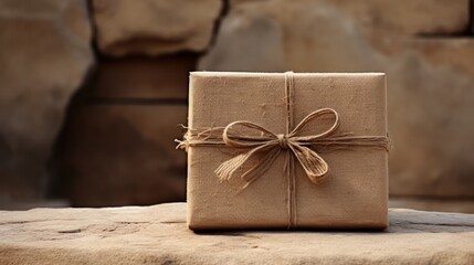  a present wrapped in brown paper with a brown bow on top of a stone slab with a stone wall in the background and a rock wall in the foreground.