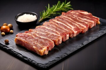 a vertical shot of pork ribs on a black slate serving tray