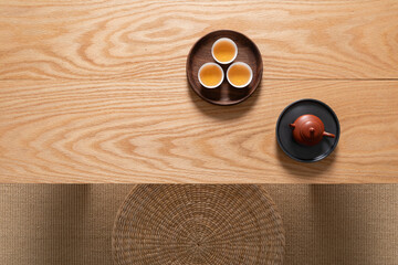 Kung Fu tea on oak wooden tabletop. Tea art tea banquet. Tea life. Tea ceremony life.
