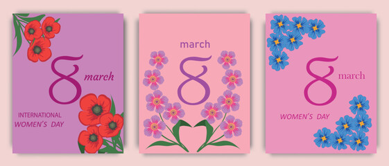 Women's Day March 8th. Set of holiday cards. Spring festive flower arrangement, bright poppies and forget-me-nots.Vector illustration.