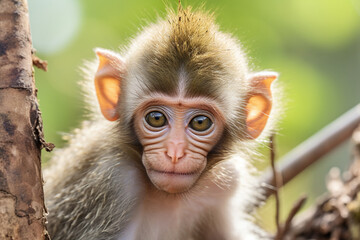 Animal close up portrait of a cute baby macaque monkey climbing on a tree branch, shot outdoors on a sunny day. Generative AI.