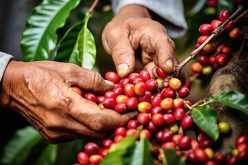coffee berries being handpicked from a tree - Powered by Adobe