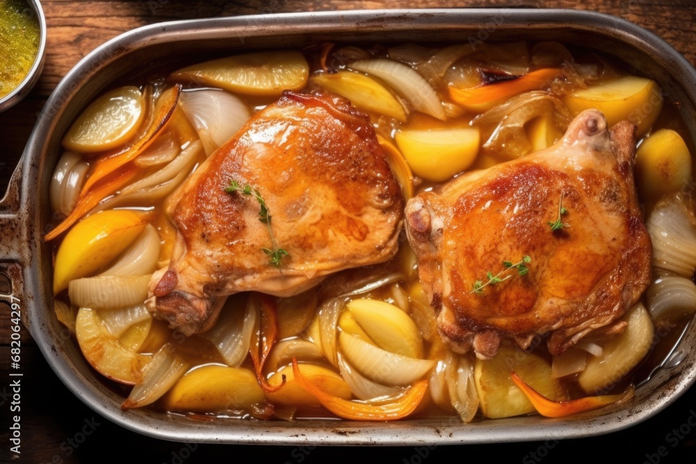 Poster overhead view of sizzling pork chops doused in sweet apple sauce