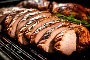 zoomed-in picture of juicy, grilled pork loin slices - obrazy, fototapety, plakaty