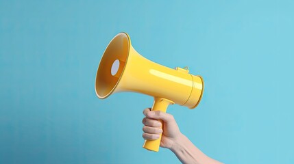 female hand holding megaphone and making announcement for job hiring concept - obrazy, fototapety, plakaty