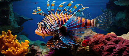 Naklejka na ściany i meble In the vibrant underwater world of the tropical ocean, a variety of beautiful fish swim gracefully in the blue and orange hues of the sea, showcasing the mesmerizing beauty of nature's aquatic life