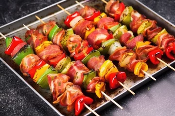 Poster freshly grilled brussels sprouts and bacon skewers on aluminium foil © Natalia