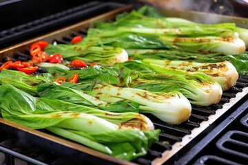 cooking exotic veggies like bok choy in a grill wok