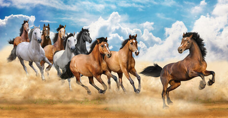Nine auspicious horses galloped in the desert dust and blue sky. 