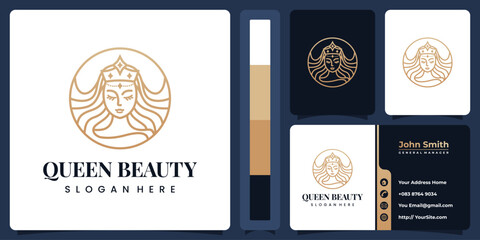 Beauty woman natural line art luxury logo design with business card template