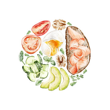 Round label with vegetables, egg and sandwich. Watercolor hand-drawn illustration for the icons, design of signage, logo, banner, healthy brand labels