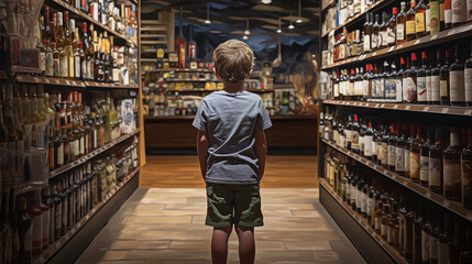 Young boy inside a liquor shop, surrounded by alcohol bottles. Alcohol addiction concept. AI generated - obrazy, fototapety, plakaty