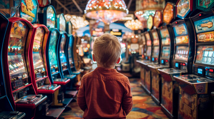 Young boy inside a casino, surrounded by slot machines. Gambling addiction concept. AI generated