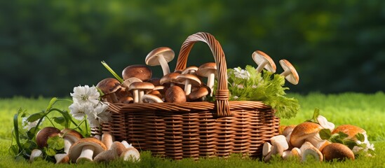 isolated white background of a summer picnic, a basket filled with healthy vegetables catches the eye French mushrooms, with edible caps and almond-shaped stems, resembling tiny trumpets. - obrazy, fototapety, plakaty