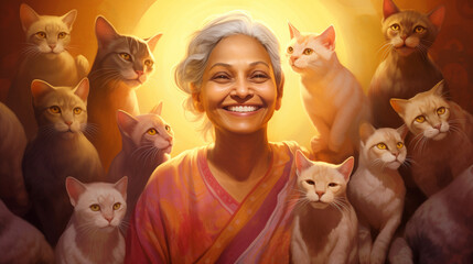 Femme âgée heureuse et souriante au milieu d'un halo de lumière et d'un groupe de chats - obrazy, fototapety, plakaty