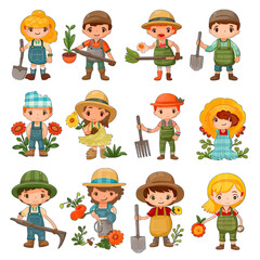 Gardening items: Set of hand drawing farmer/gardener isolated on white background