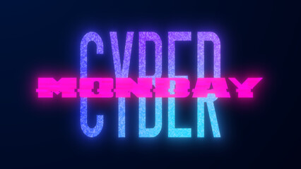 Obraz premium Cyber Monday banner with glitch effect. Cyber Monday glowing text with distortion and glitches. Cyberpunk style web banner for advertising. Cyberpunk promo design.