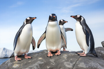 Obraz premium The group shot of a mature Antarctic penguin colony standing on ice rock near glaciers under clear blue sky. Generative AI.