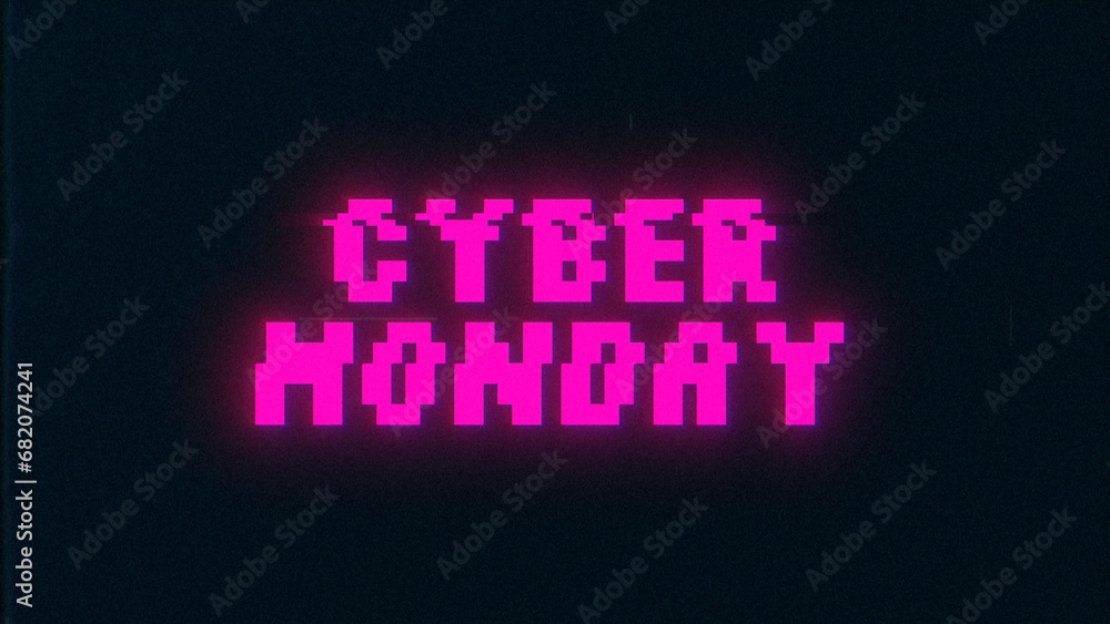 Poster cyber monday pixel banner with vhs glitch effect. web 8 bit banner for cyber monday with retro tv di