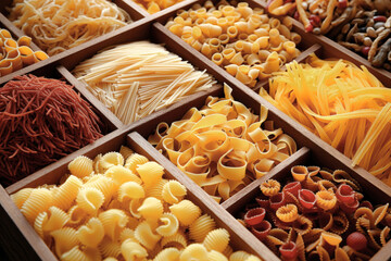 Different types of dried pasta macro. Natural dietary product. Healthy eating concept. Many types of pasta. - obrazy, fototapety, plakaty