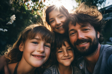 Fototapeta premium Portrait selfie of family with father and children in park or garden with sun backlight - theme family and happiness