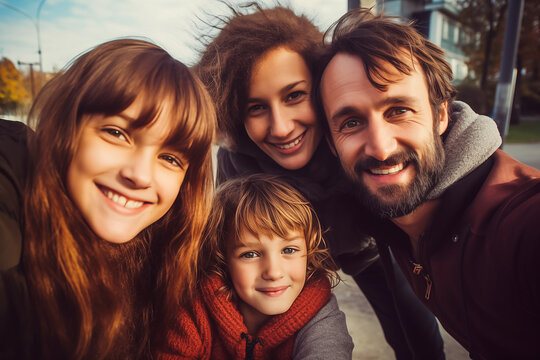 Selfie portrait perfect family with father, mother, children, couple, smiling happily at snapshot into the camera - family theme