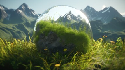 earth globe bubble with green natural grass and mountains background - obrazy, fototapety, plakaty