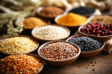 Assorted different types of beans and cereals grains. Set of indispensable sources of protein for a healthy lifestyle. Quality food. Healthy eating concept. - obrazy, fototapety, plakaty