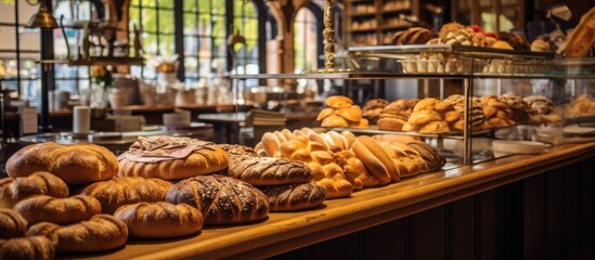 In the bustling bakery, people gathered to enjoy a delightful breakfast, with the enchanting aroma of freshly brewed coffee and warm bread filling the spacious kitchen. The wood-fired oven baked a - obrazy, fototapety, plakaty