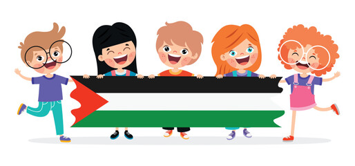 Cartoon Children With Palestine Flag - obrazy, fototapety, plakaty