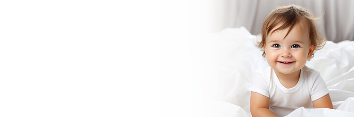 Portrait of a happy baby on the bed. Banner. Copy space for text