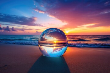 blue bubble on sand with sun light flare background. Blue Monday concept and copy space, generative ai