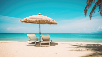 Fototapeta na wymiar Sun loungers and a beach umbrella on a tropical beach with white sand and azure sea on a sunny day