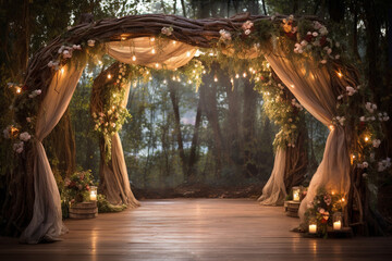 The wood wedding arch covered with ivy vine and decorated with pink and white flowers, hanging lamp, fairy light, and draping for an outdoor wedding ceremony in the evening or night. Generative AI.