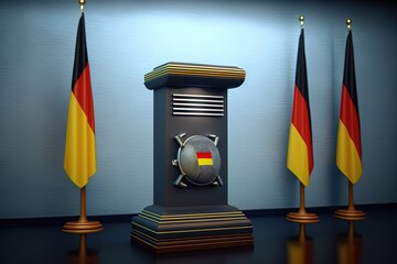 concept Politics chancellor president Briefing flags Germany tribune speaker Podium - obrazy, fototapety, plakaty