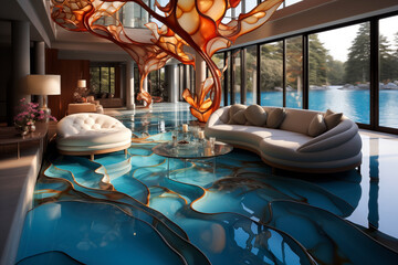 3d rendering - interior of a modern living room with an epoxy resin floor - obrazy, fototapety, plakaty