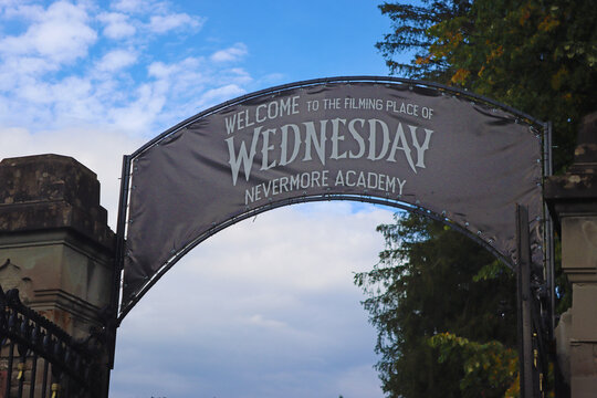 Busteni, Romania - October 13, 2023: Entrance to Cantacuzino Castle. Cantacuzino Castle is the setting for the series "Wednesday" Nevermore Academy