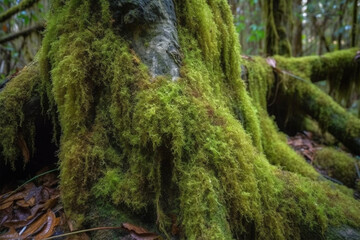 Close up view of lush moss growing on tree trunk in forest