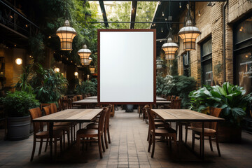 Blank white advertising mockup on outdoor cafe terrace. Evening bokeh background.