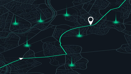 Track navigation pins on isometric street maps, navigate mapping technology, locate position pin. Multiple destinations. Gps tracking map. Futuristic travel gps map or location navigator vector
