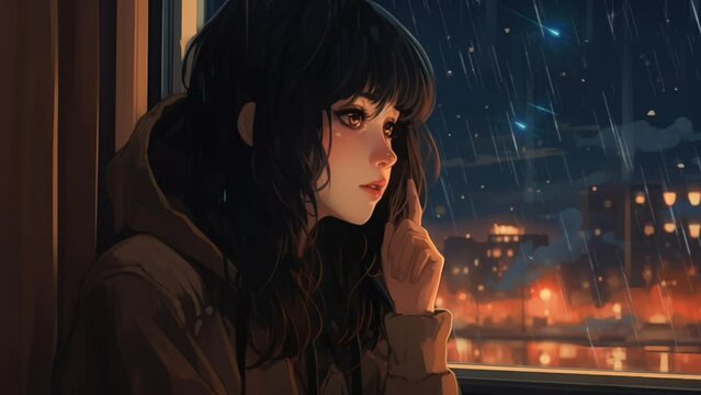 anime girl is contemplating with a sad face near the window. for lofi background music. Seamless looping video background animation. Generated with AI