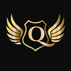 Win Logo On Letter Q With Shield Symbol. Transportation Logotype