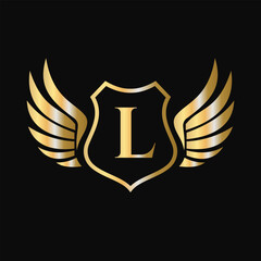 Win Logo On Letter L With Shield Symbol. Transportation Logotype